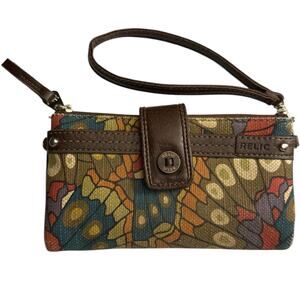 Relic Wristlet Wallet Canvas Brown Leather Multicolored Peacock Print Zip Snap